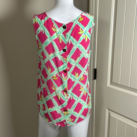 Lilly Pulitzer lona Sleeveless Silk Top Button Back Shirt Pink Green Crewneck S - Picture 7 of 13